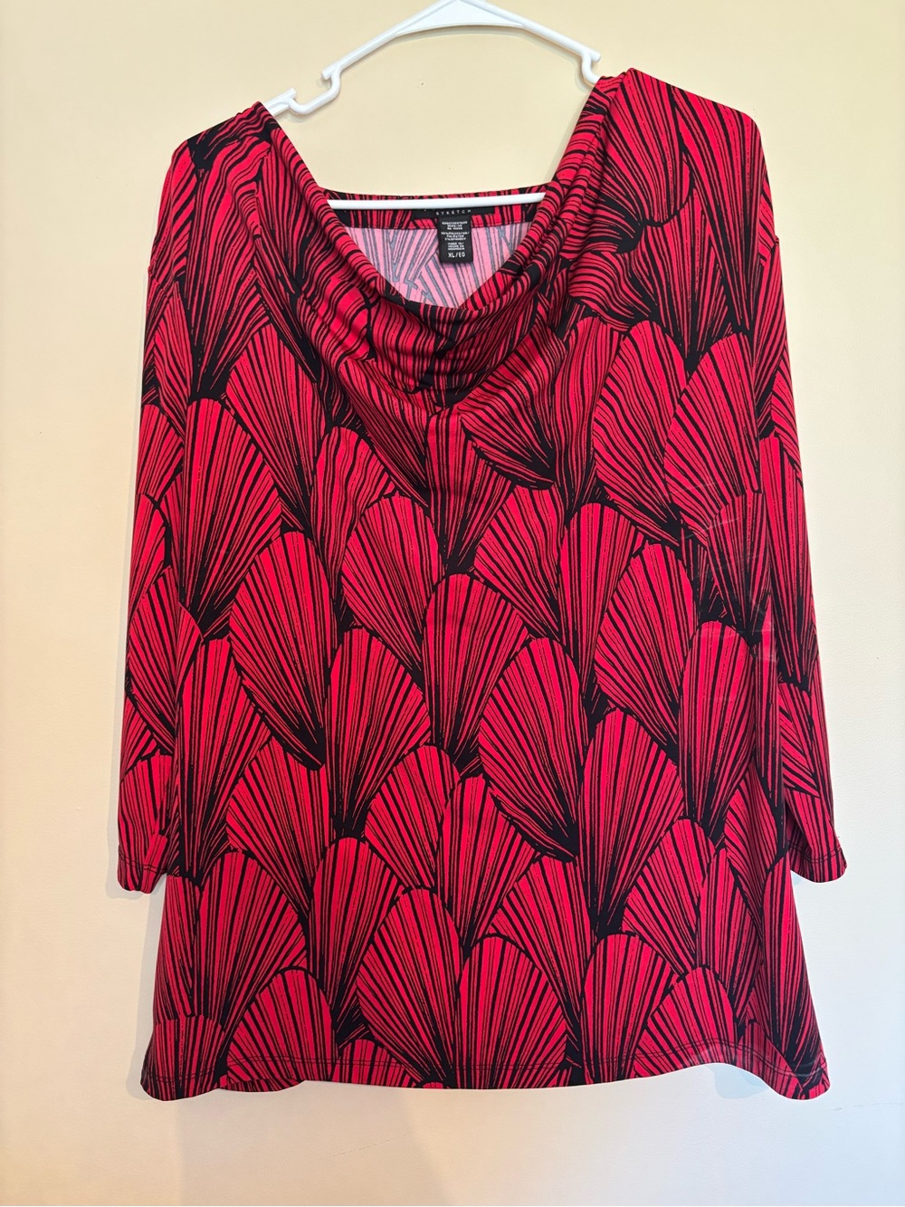 Apostrophe Red and Black Fan-Print Cowl-Neck Long Sleeve Top